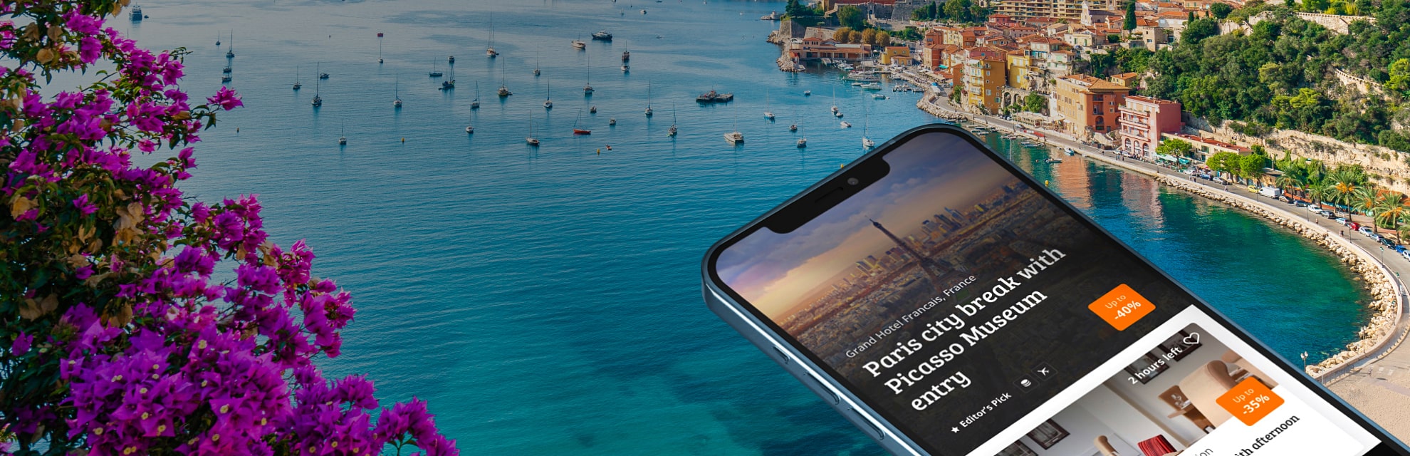 Arial bay view in Italy with flowers and a mobile phone